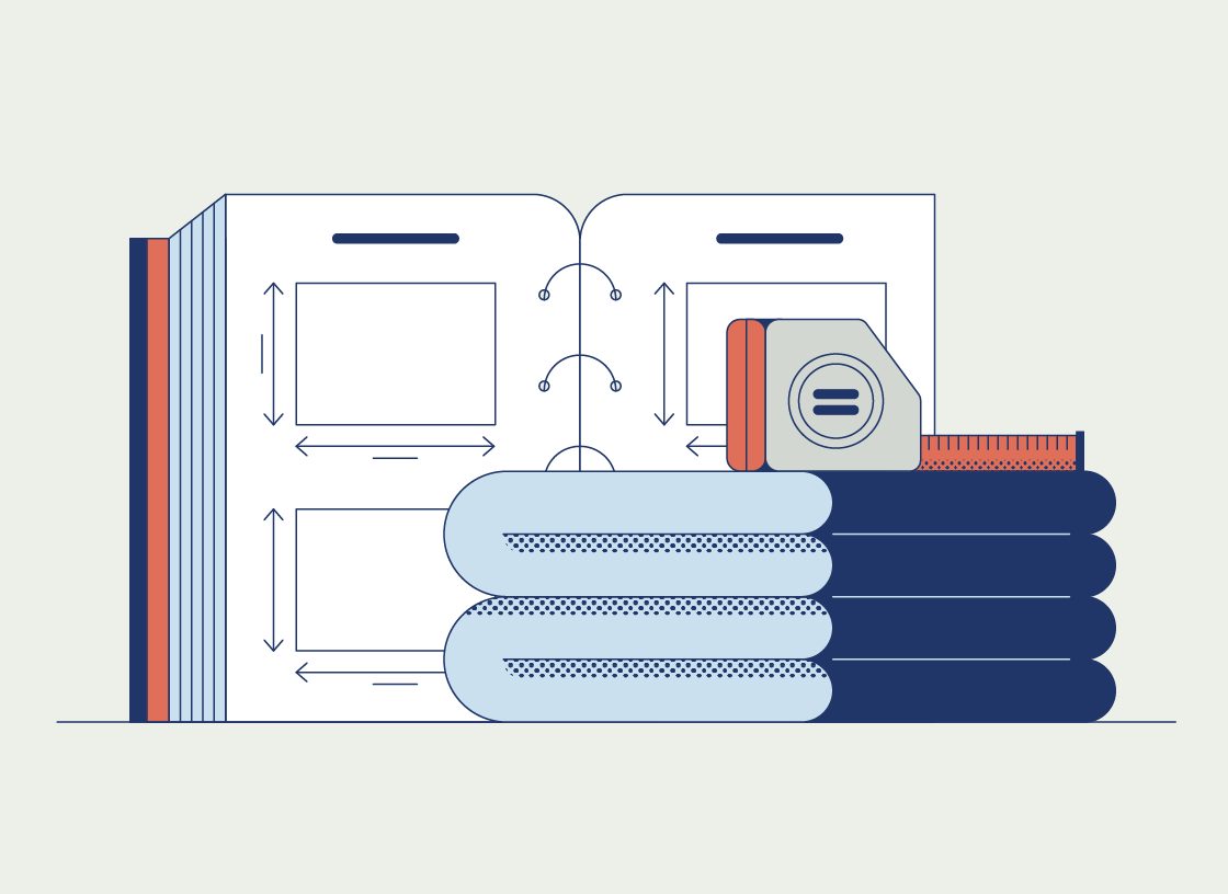 Illustration of an open guidebook with diagrams showing sheets measurements, stacked sheets, a tape measure, and a ruler, representing a guide to sizing sheets.