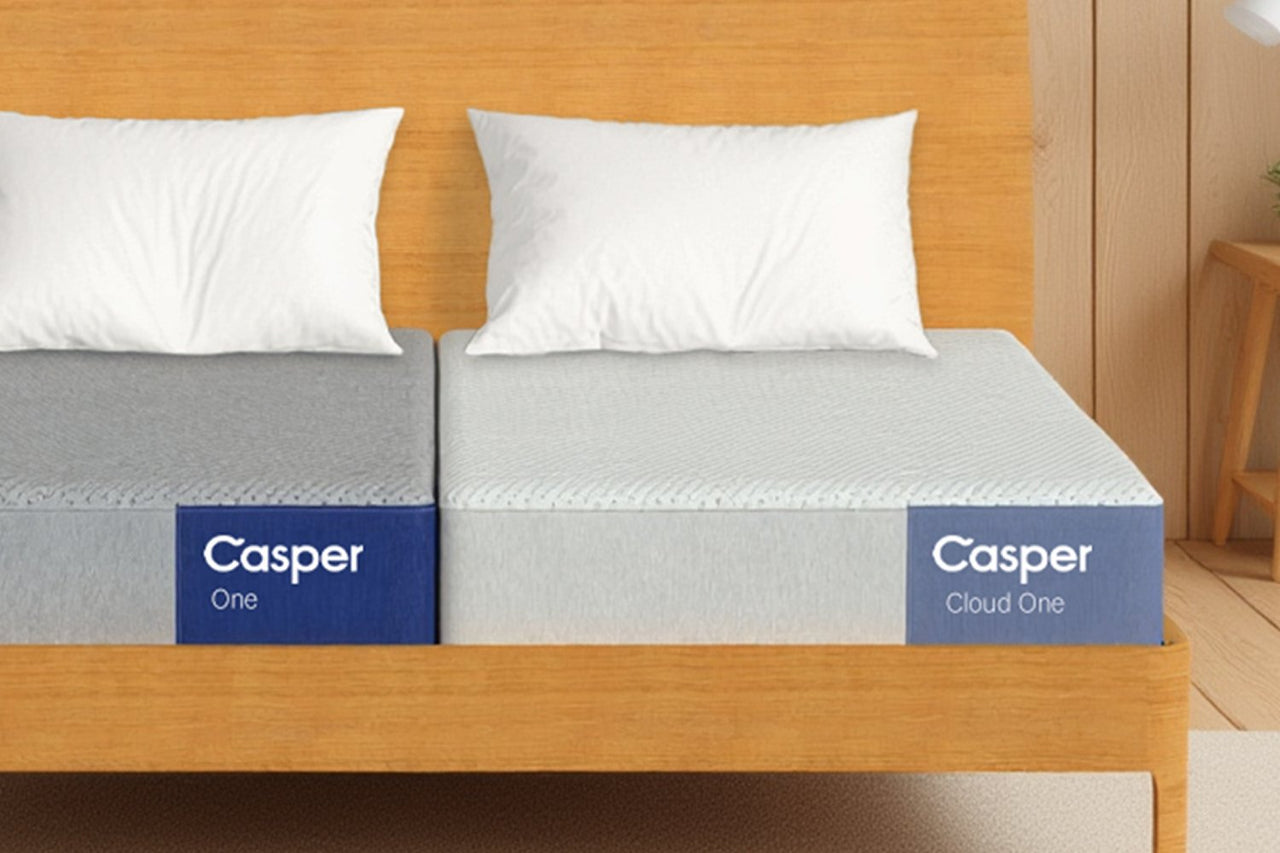 Two Casper mattresses, the One and Cloud One, on a wooden, split king-sized bed frame