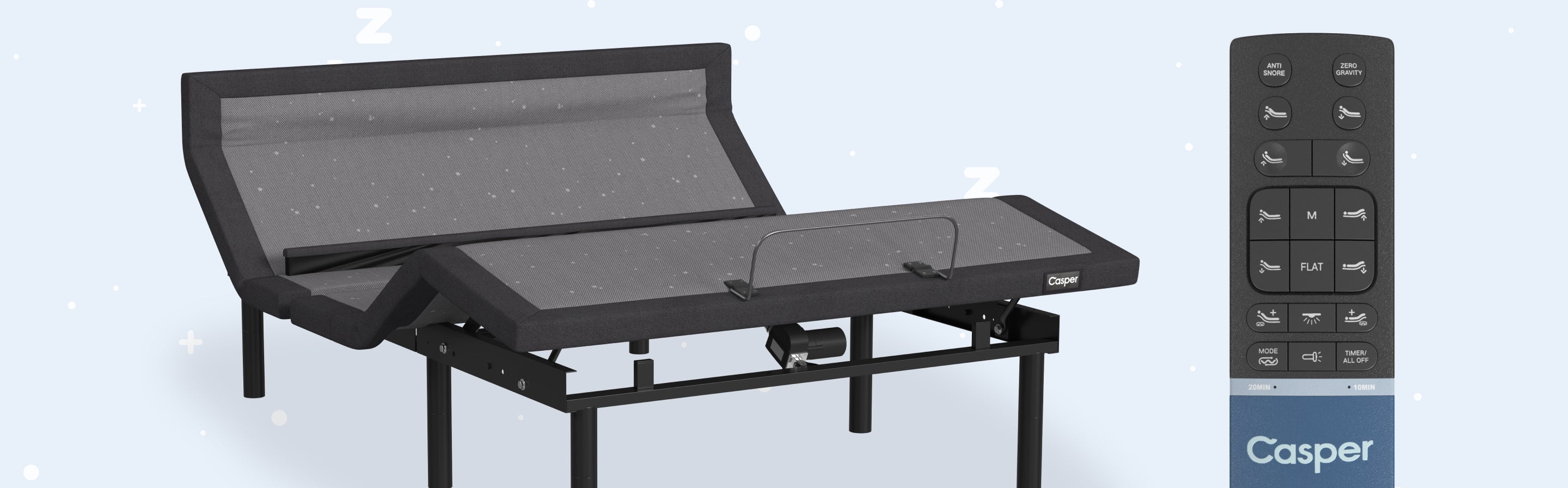 Image of the Adjustable Base Max with raised head and legs. Next to it is a close-up photo of the remote control.