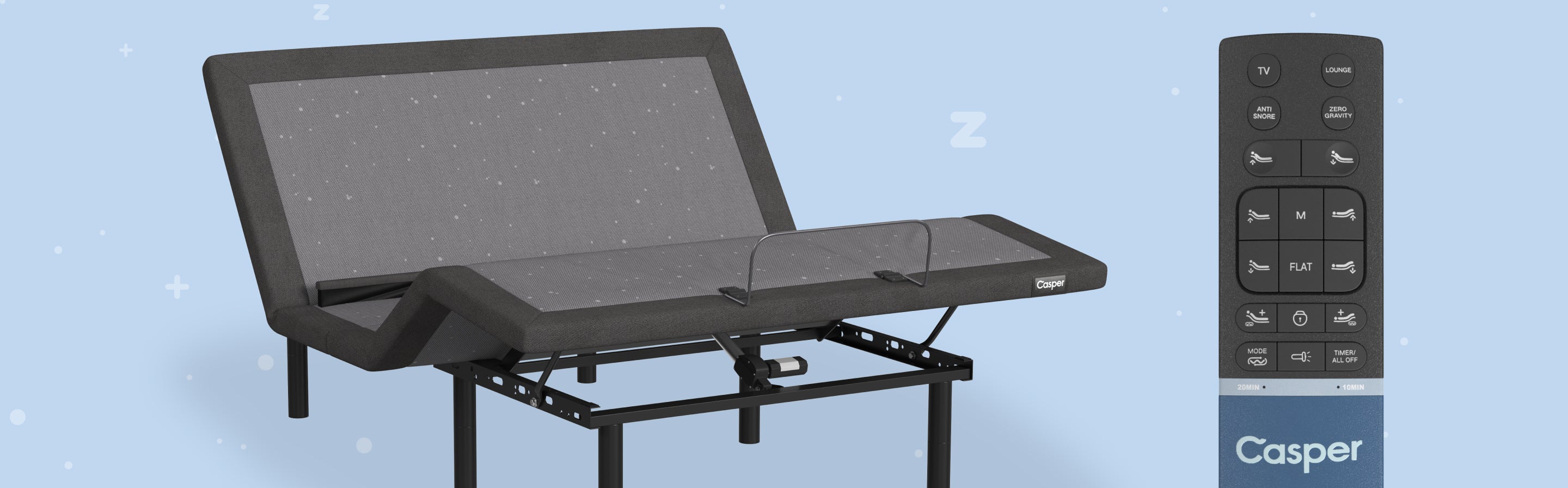 Image of the Adjustable Base Pro with raised head and legs. Next to it is a close-up photo of the remote control.