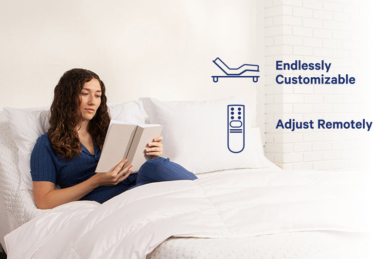A woman reading in her bed in an upright position due to the Adjustable Base. Text and icons on the image say that the product is endlessly customizable and can be adjusted with a remote.