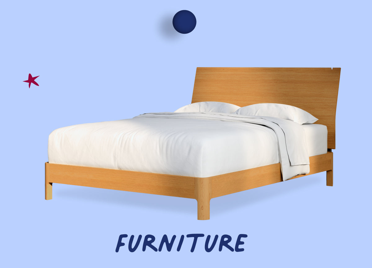 Wooden bed with white bedding on a blue background, labeled 'Furniture'.