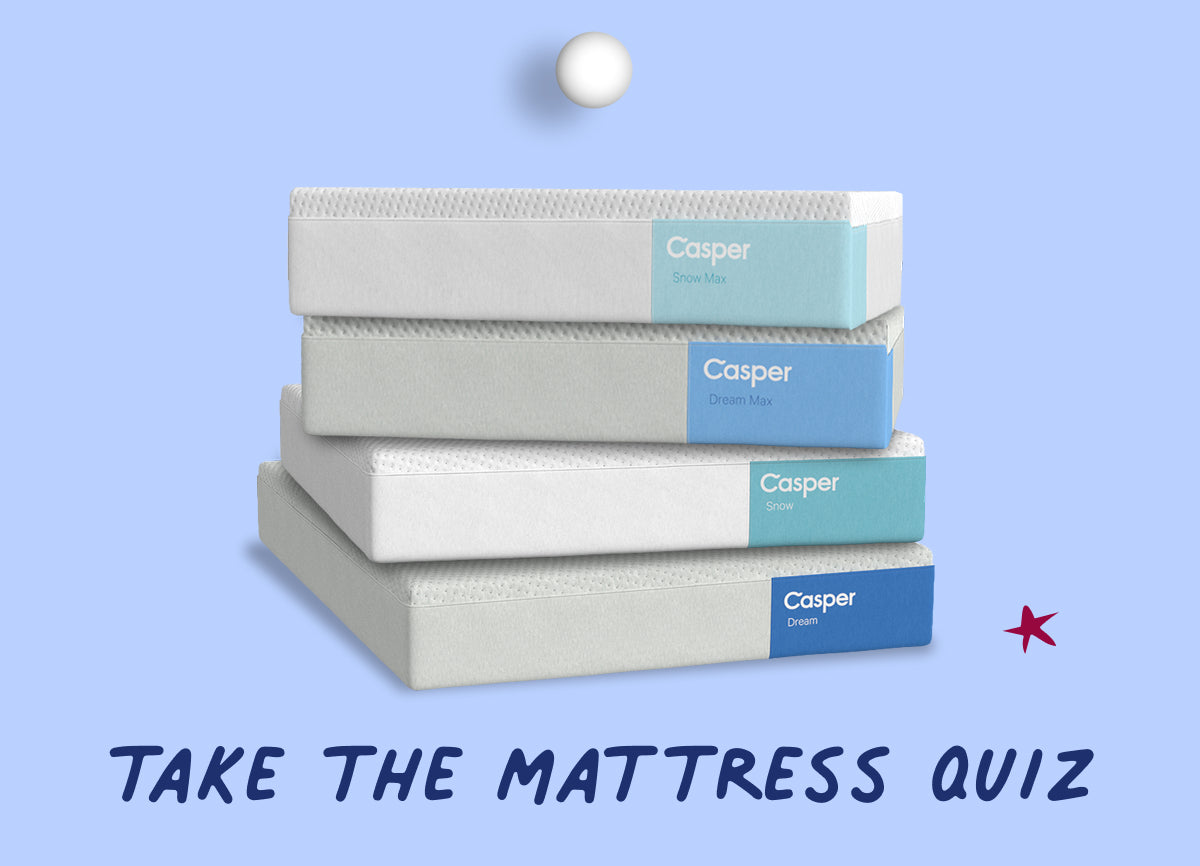 Stack of Casper mattresses on a light blue background with text 'Take the Mattress Quiz'.