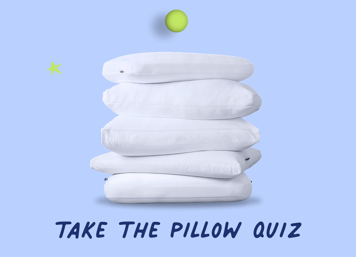 Stack of white pillows on a light blue background, accompanied by text that says, "Take the pillow quiz."