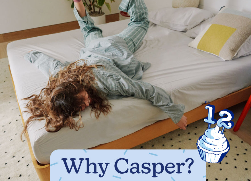 A person lying on a mattress with text 'Why Casper?' on the image with an illustration of a cupcake and the number 12 in birthday candles.