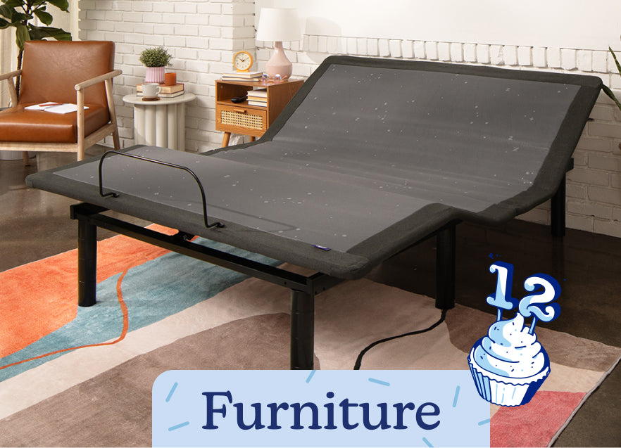 An adjustable bed frame in a bedroom setting. The text 'Furniture' is on the image with an illustration of a birthday cake with the number 12 on it.