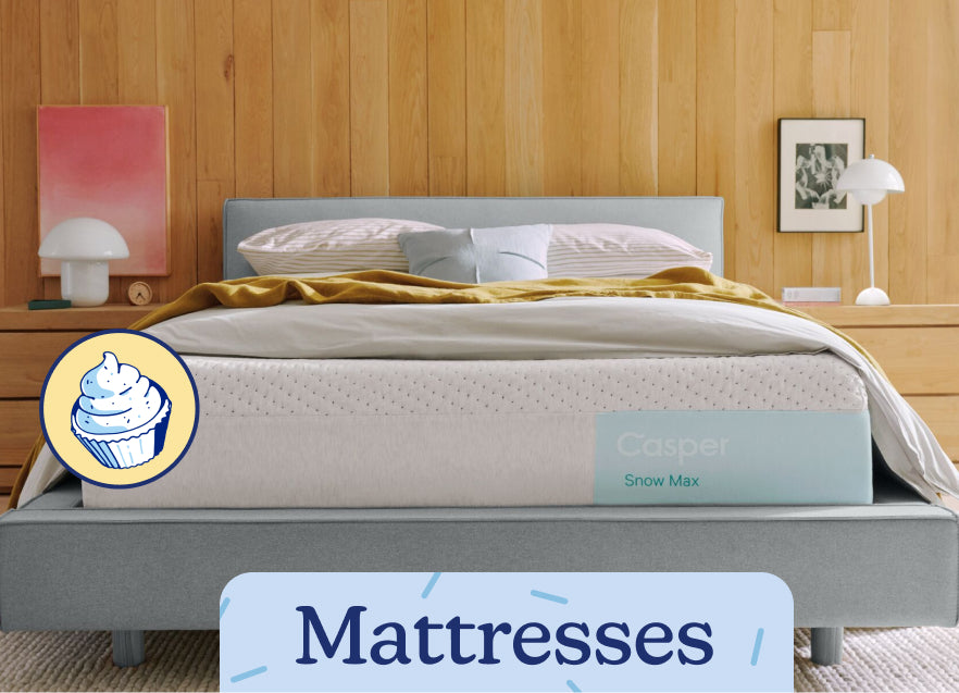 A mattress on a bed with an icon of a birthday cupcake and the text 'Mattresses' on the image.