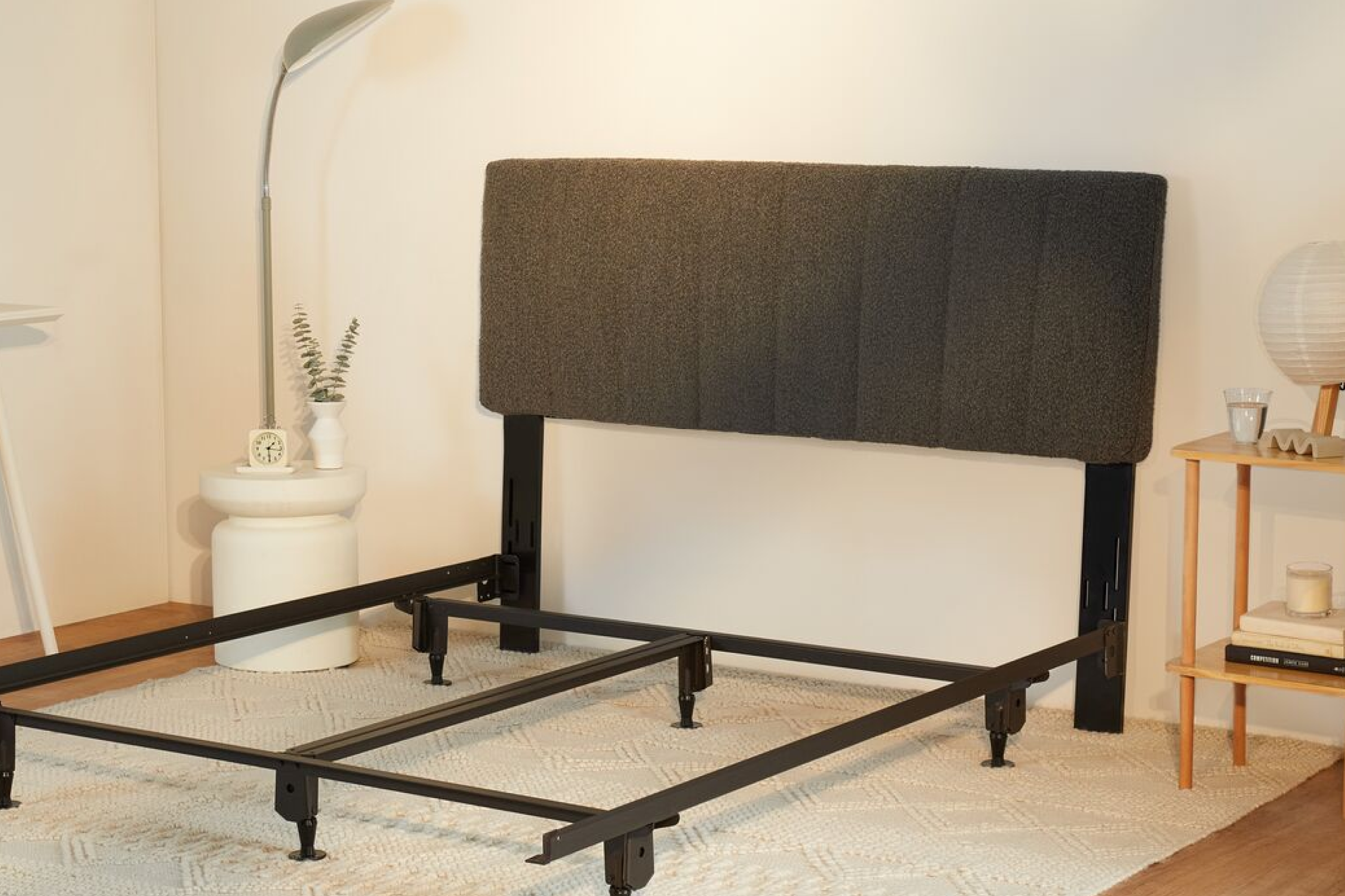 Casper's Bliss Attachable Headboard, ash colored, with a metal bed frame