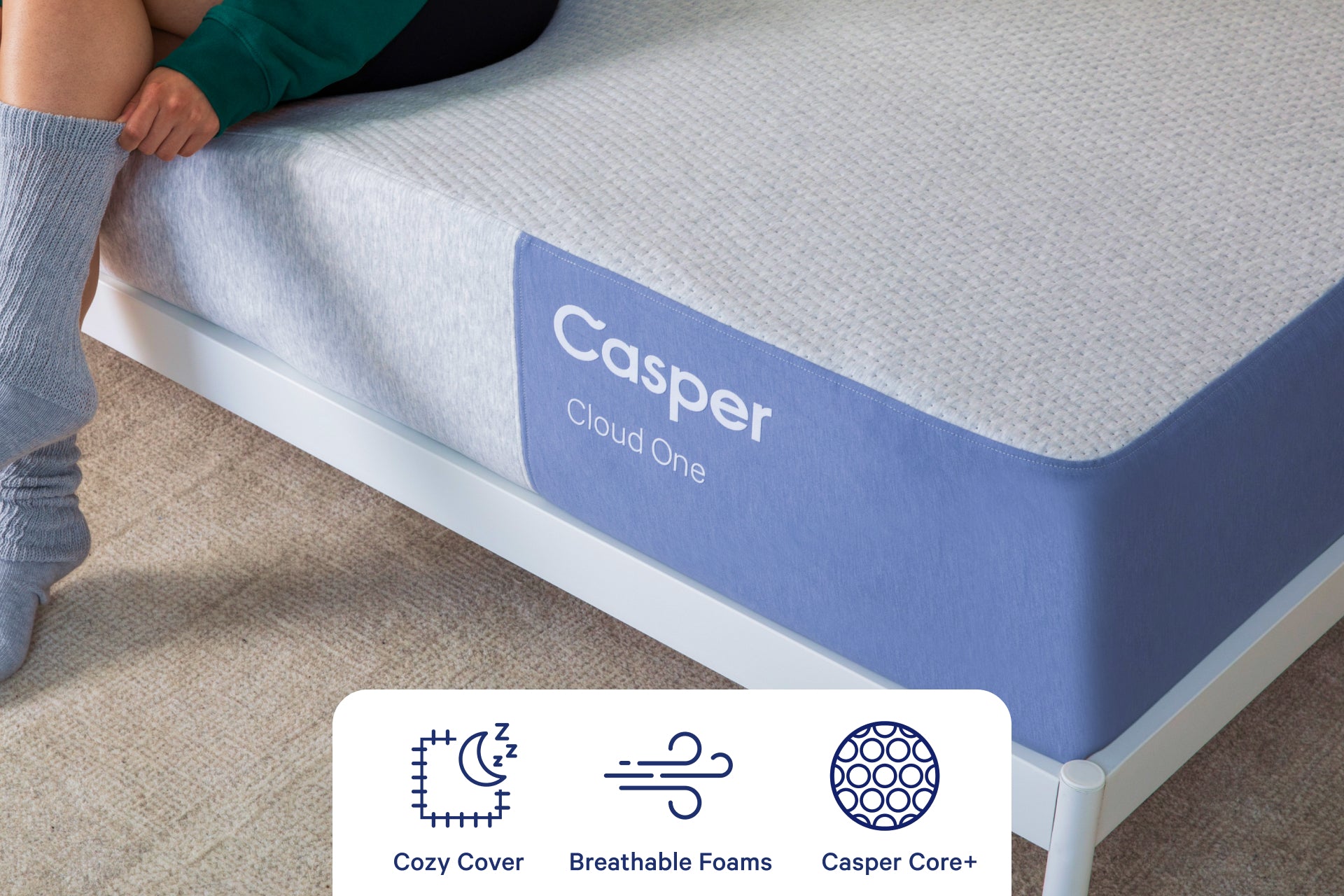 Corner view of the Cloud One mattress. Icons at the bottom indicate that it has a Cozy Cover, Breathable Foams, and Casper Core+.