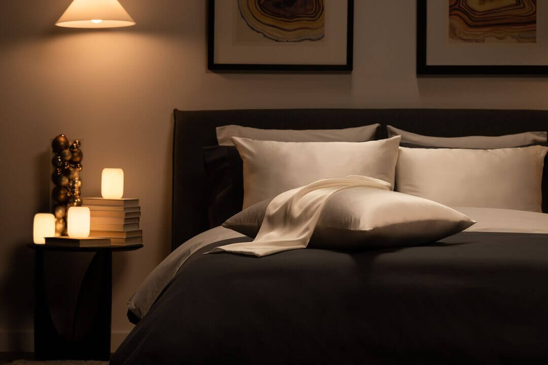 A fully made bed in a dark, dimly light room. Two art pieces hang framed on the wall above the headboard, and a nightstand next to the bed has three of Casper's Glow Lights on it with a stack of books.
