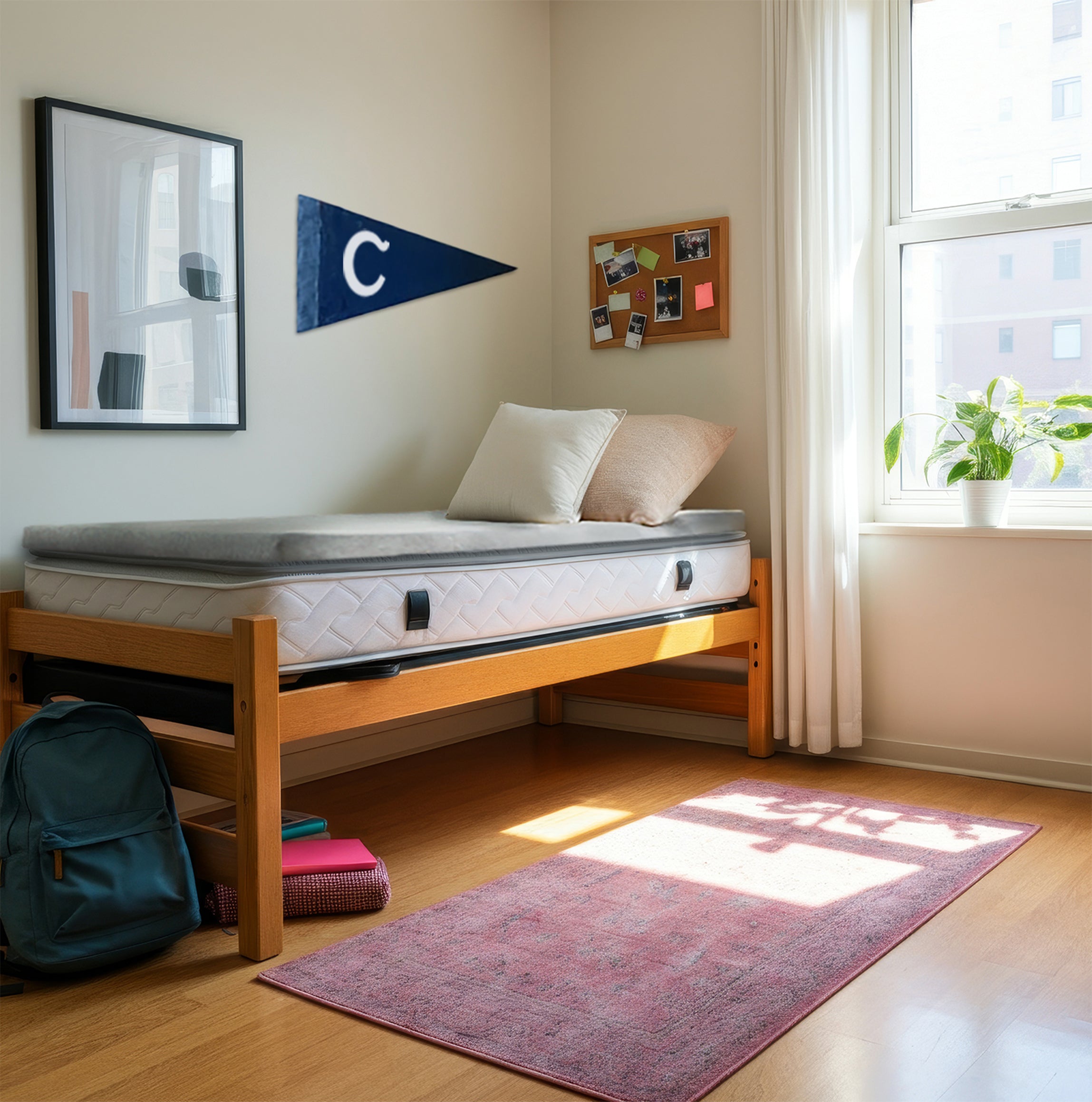 Bedroom dorm room with a bed, backpack, and rug on wooden flooring.