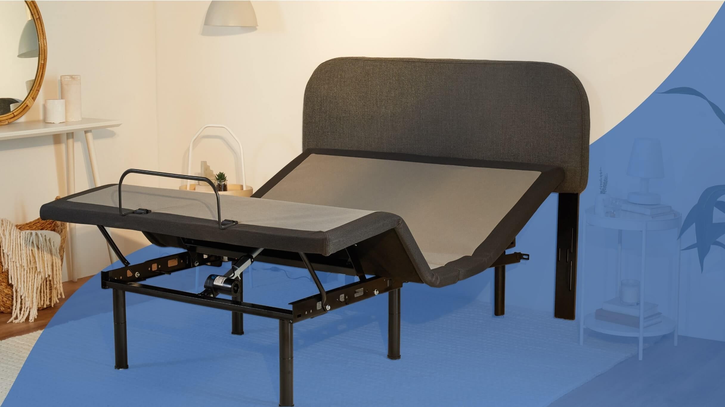 An adjustable base attached to a headboard. Corner view.