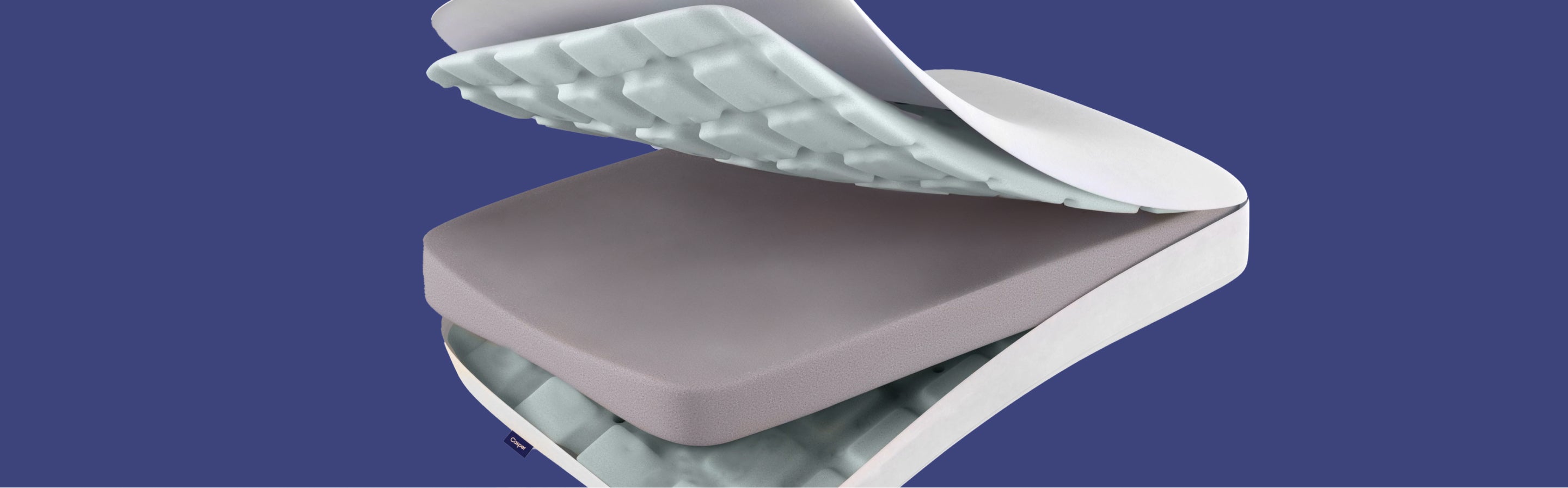 A computer-generated image of Casper's Foam Pillow, open and expanded to display its multiple layers.