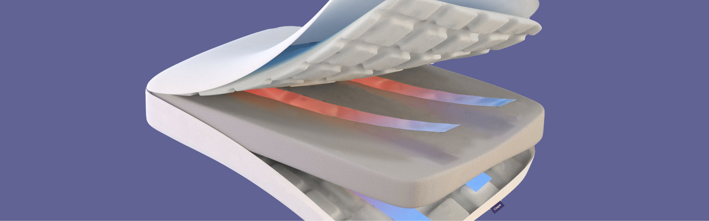 A computer-generated image of Casper's Foam Pillow with Snow Technology, open and expanded to display its multiple layers.