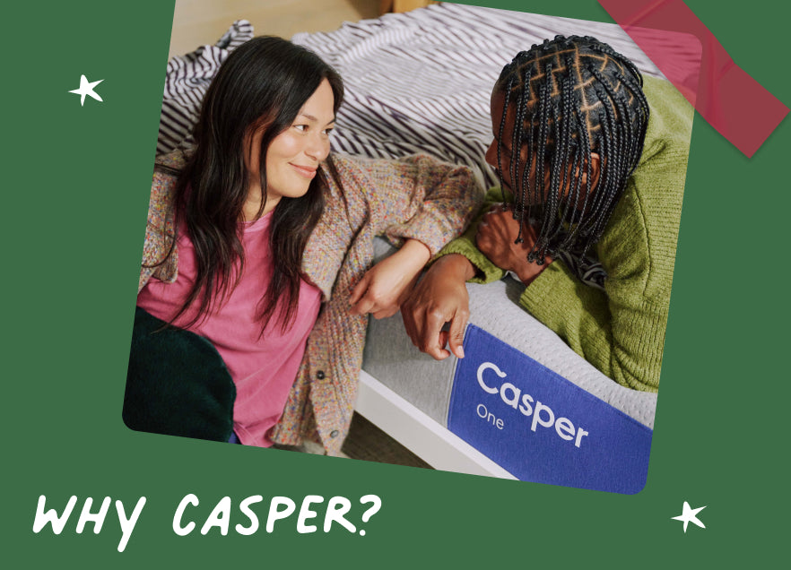Two people sitting on a Casper mattress with promotional text that reads, "Why Casper?"