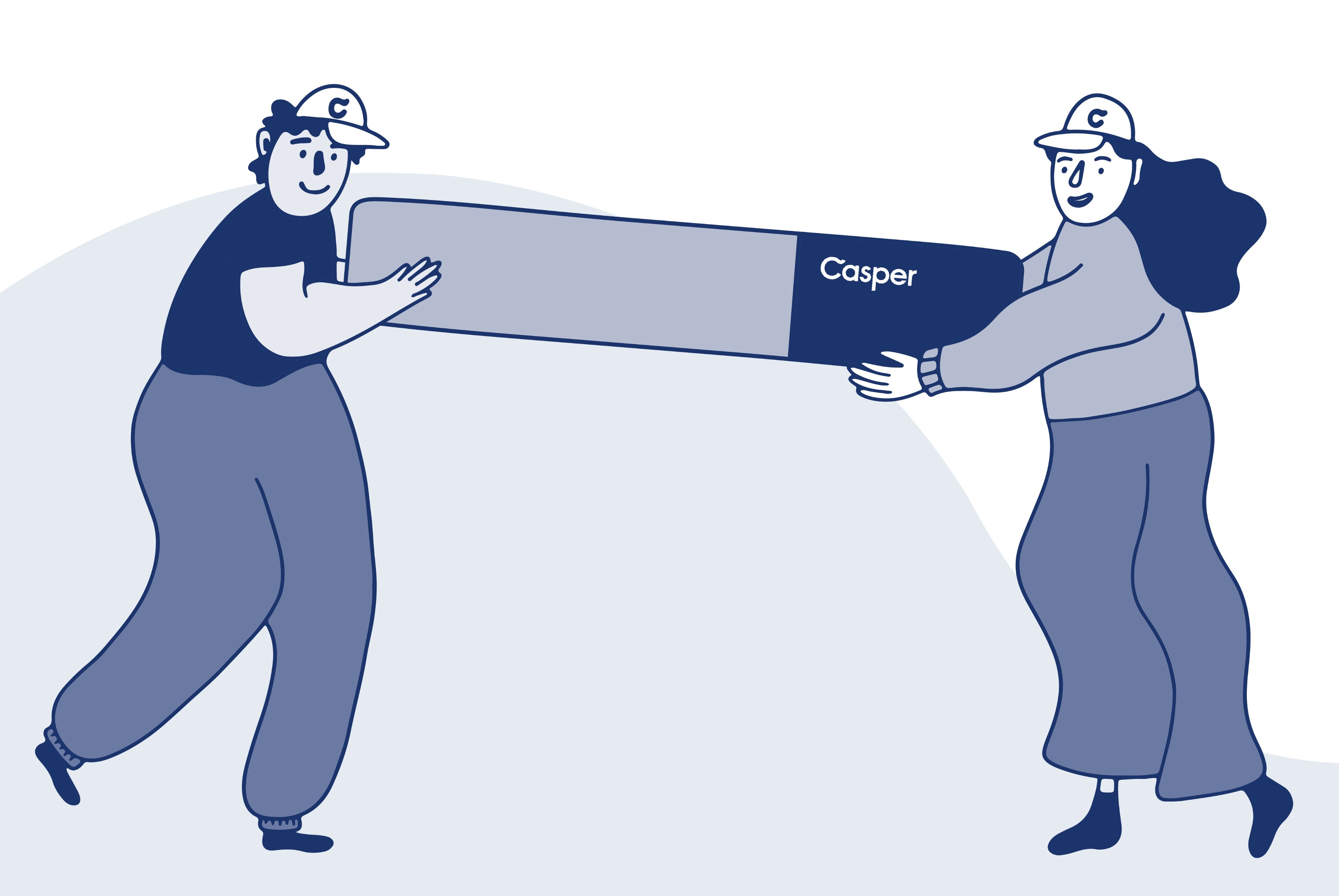 Graphic illustration of two Casper team members carrying a mattress for home delivery setup.