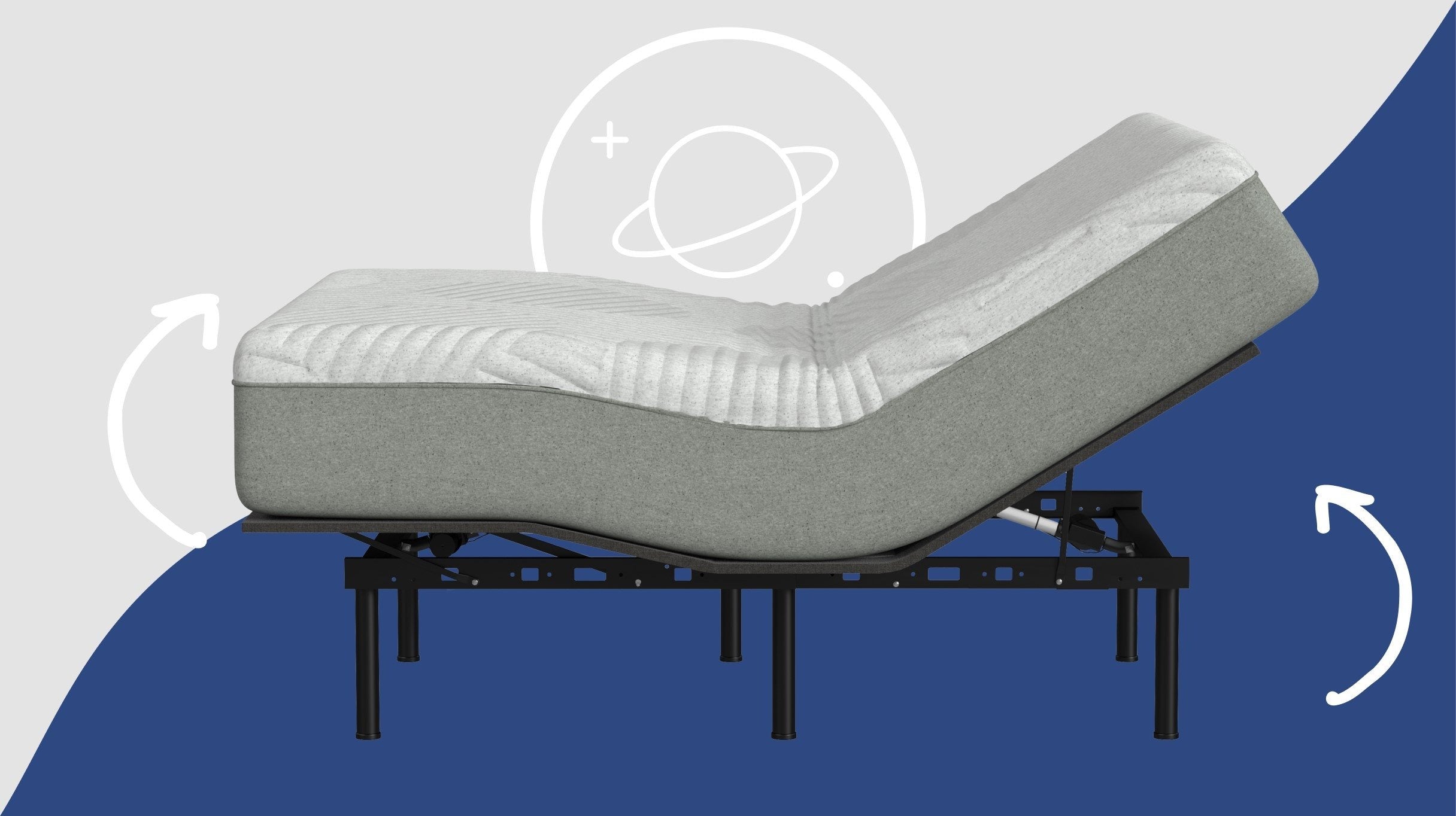 Computer graphic of the adjustable base with a mattress on it. Its head and foot are both raised.