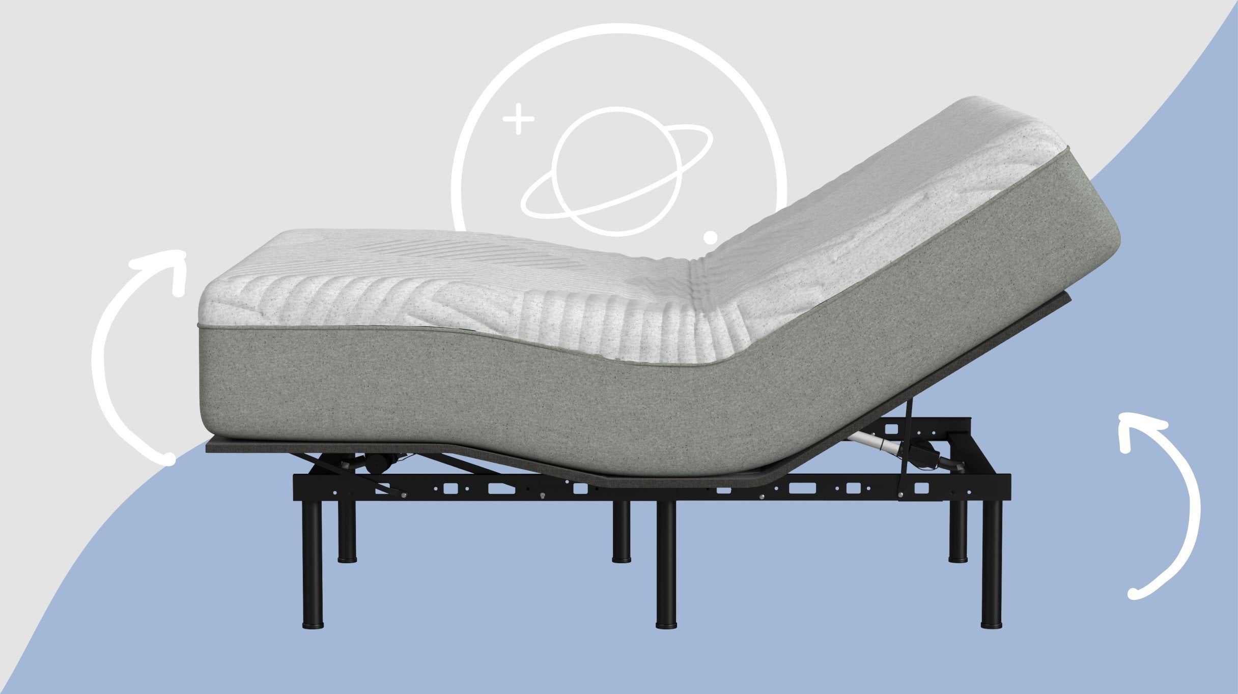 Computer graphic of the adjustable base with a mattress on it. Its head and foot are both raised.
