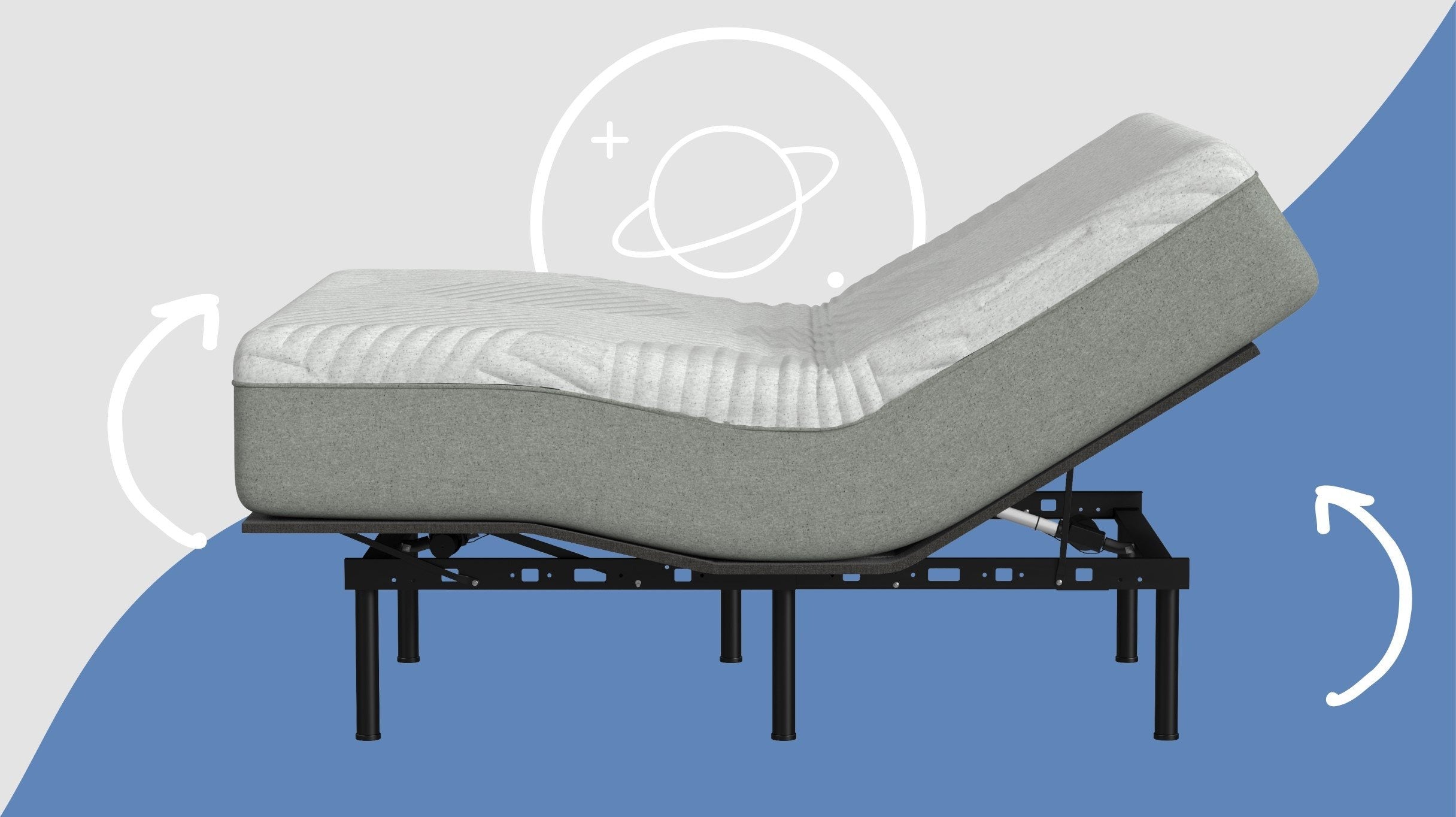 Computer graphic of the adjustable base with a mattress on it. Its head and foot are both raised.