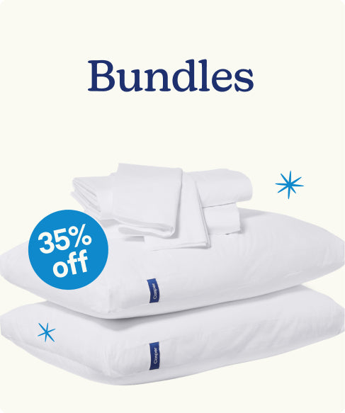 White pillows and a folded sheet with a "35% off" badge on a white background. The headline "Bundles" appears above the image.