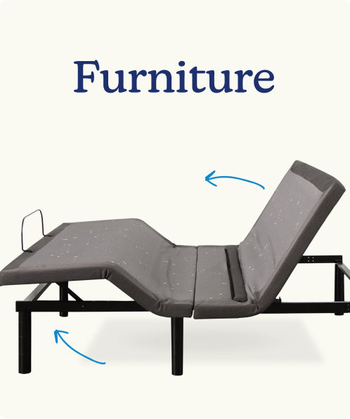 Adjustable bed frame with blue arrows to indicate the direction of motion of the head and foot of the frame. The headline "Furniture" appears above the image.
