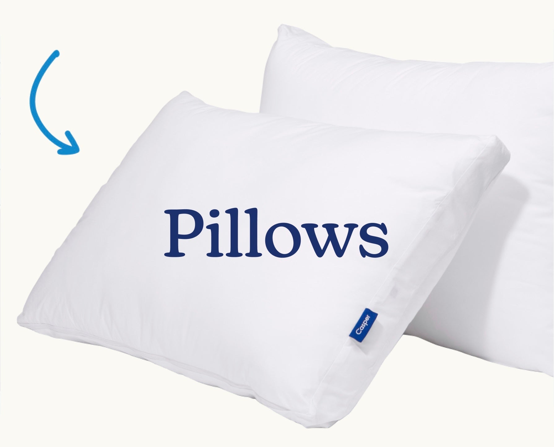 Two white pillows with "Pillows" text