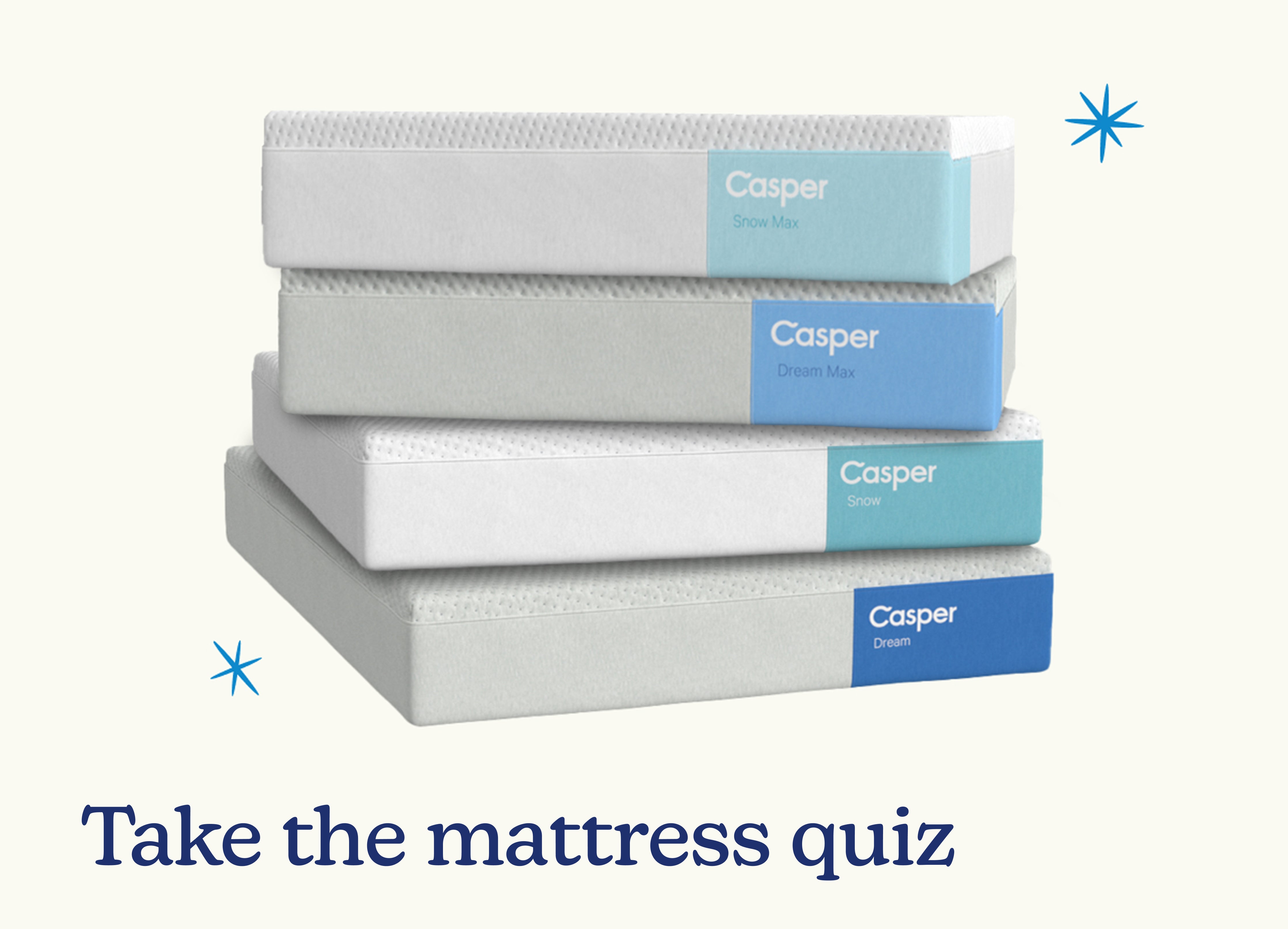 A stack of Casper mattresses. It says "Take the mattress quiz' beneath the image.