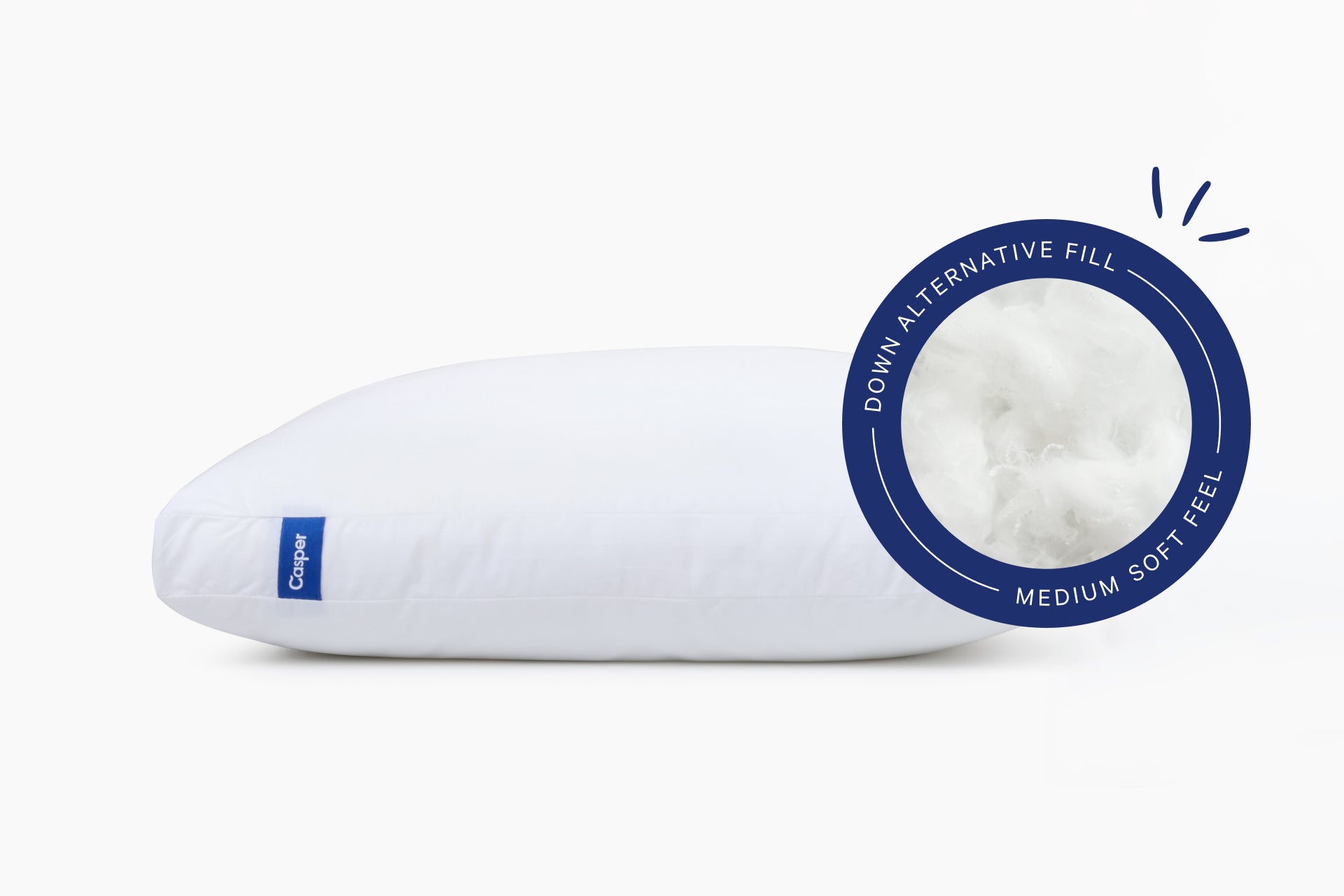 Photo of the Nap Pillow against a light background. A badge on the image indicates that that pillow has a Down Alternative fill with a medium-soft feel.