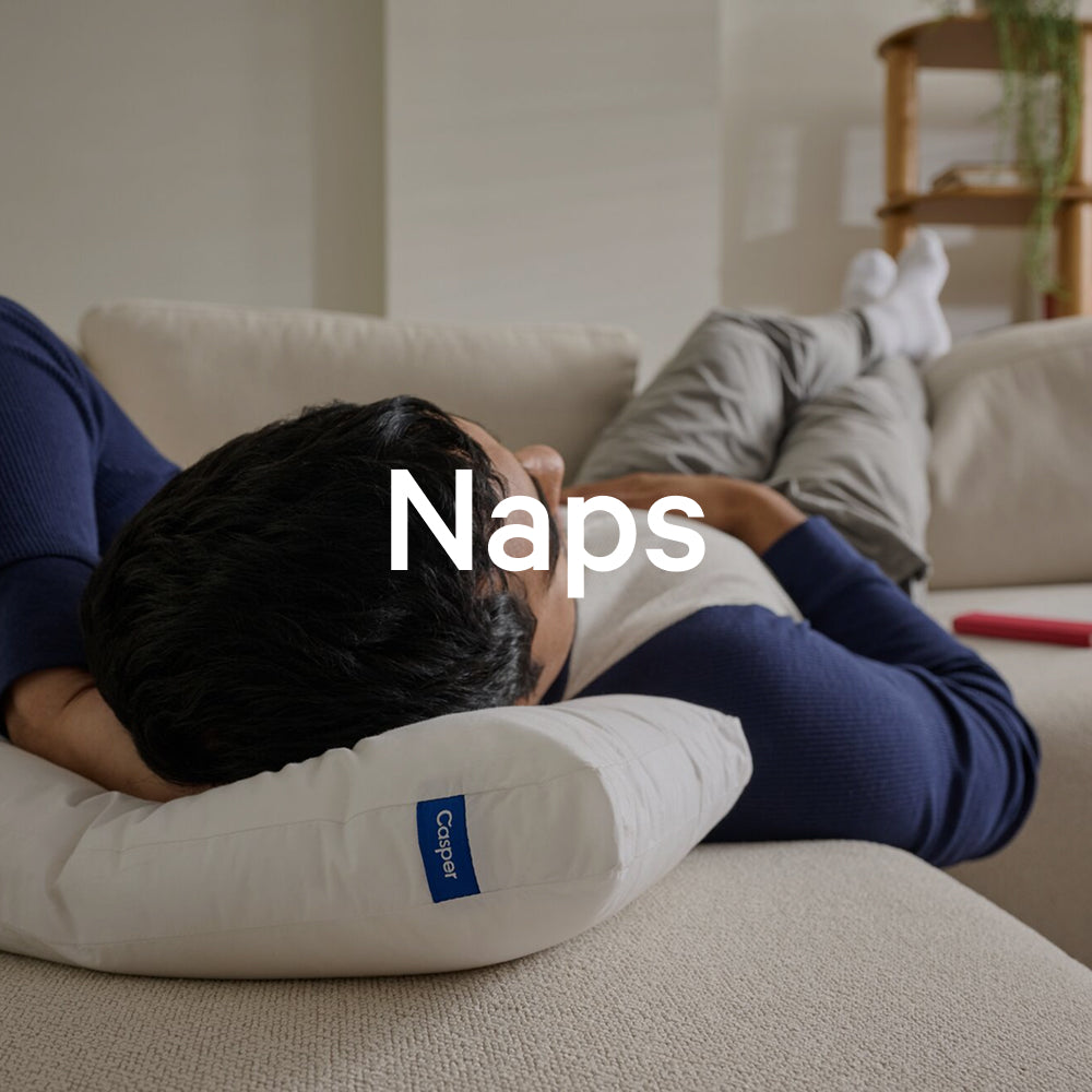 The word "naps" appears on an image of a person taking a nap on the Nap Pillow on a couch.