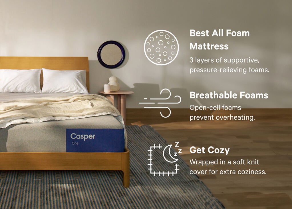 Image of The One mattress in a bedroom setting. Features are listed on the image. Best all-foam mattress with 3 layers of supportive, pressure-relieving foams. Breathable foams have open-cell foams to prevent overheating. Get cozy because it's wrapped in a soft knit cover for extra coziness.