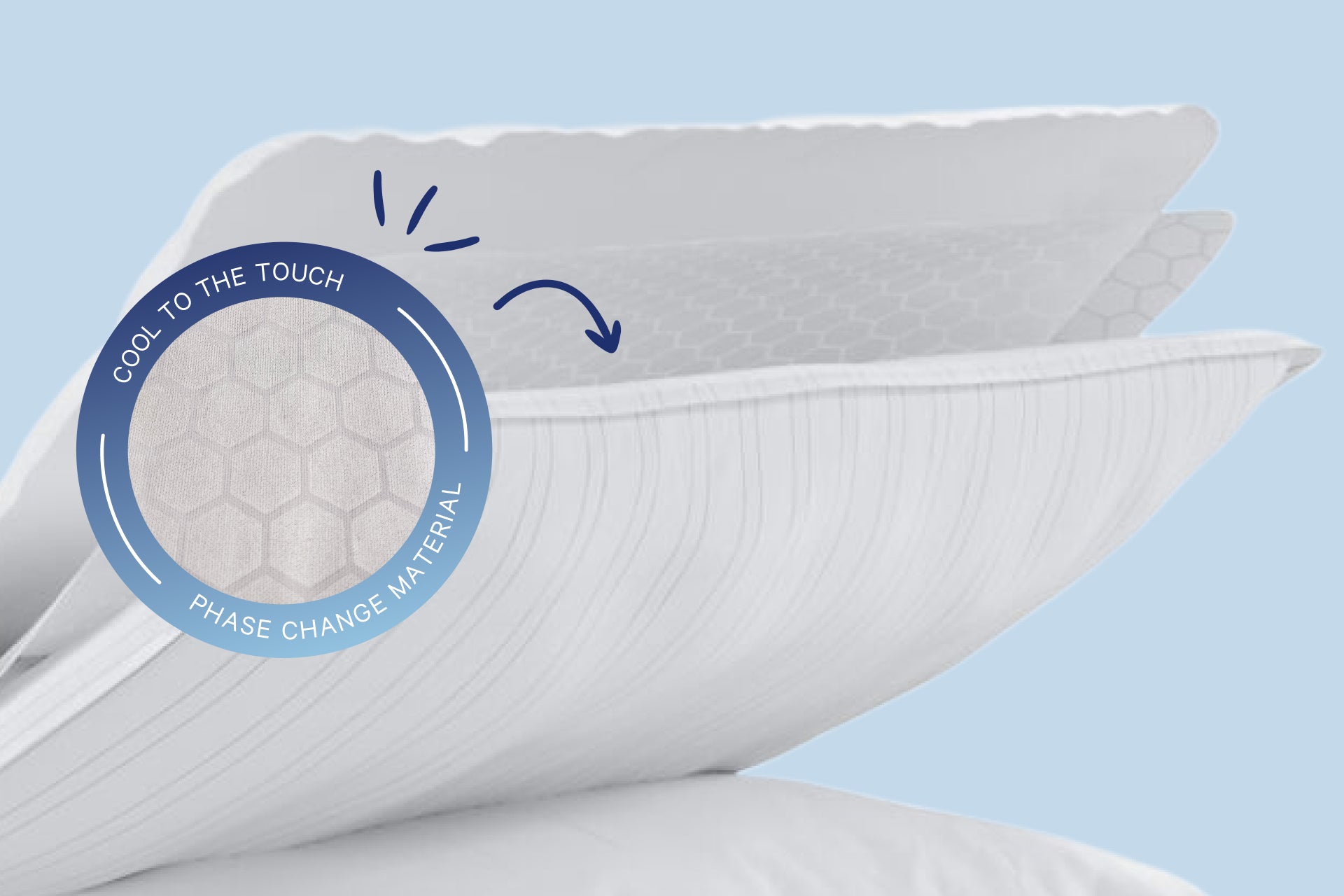 White pillows on a light blue background with a label that says "cool to the touch" and "phase change material".