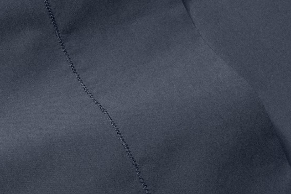 Close-up of percale sheet set, indigo
