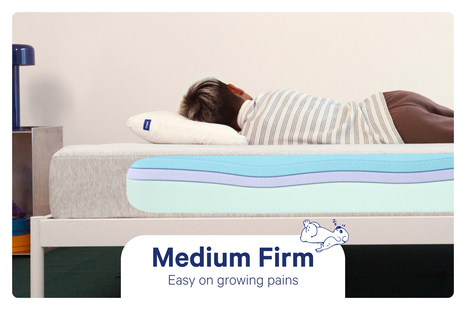 Child sleeping on a mattress with 'Medium Firm' label and text that reads, "Easy on growing pains."