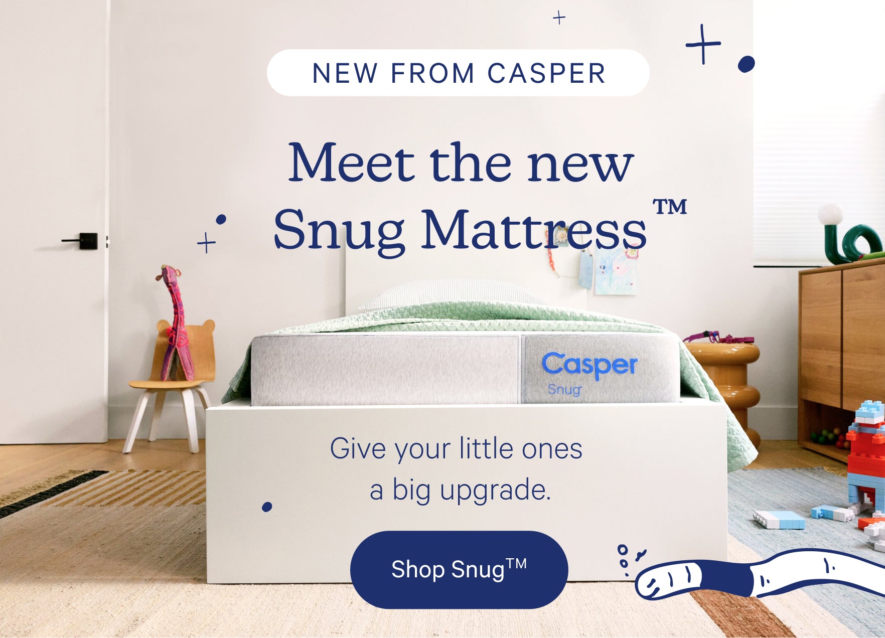 Advertisement for Casper Snug Mattress in a kids bedroom setting.. Text reads "New from Casper. Meet the new Snug Mattress™. Give your little ones a big upgrade. Shop Snug™.