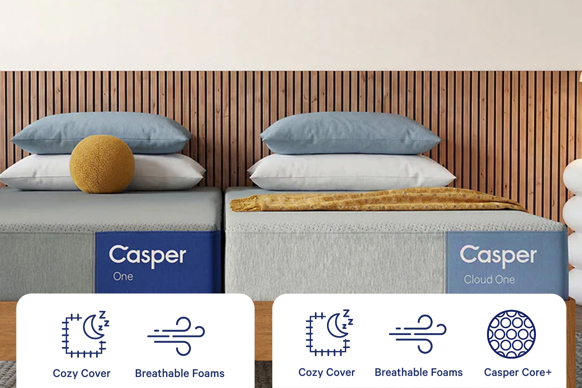 Two TwinXL Casper mattresses, The One and Cloud One, with pillows and a wooden headboard on a neutral background. Graphics and text under the mattresses indicate that both mattresses have a Cozy Cover and Breathable Foam layers. The Cloud One also utilizes Casper Core+.