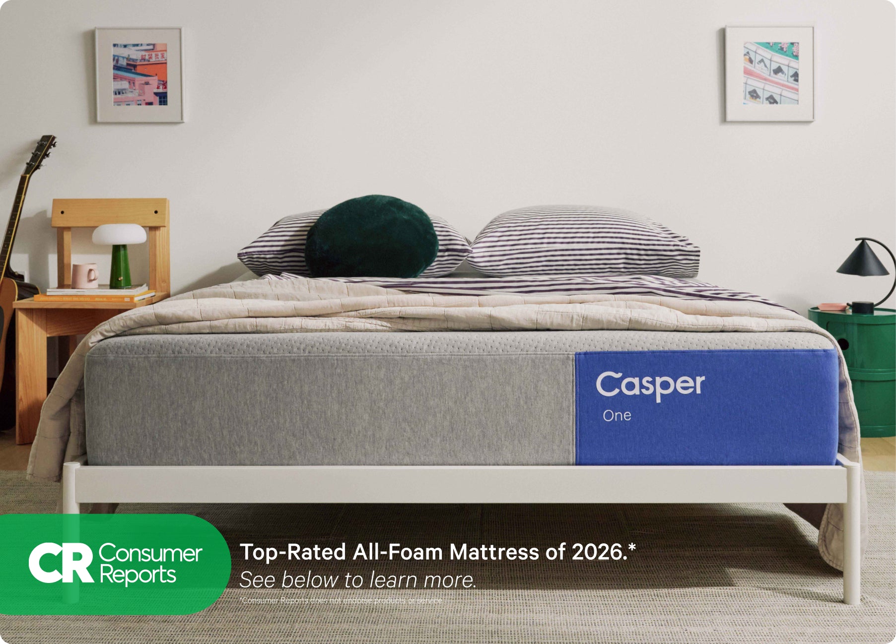 Casper's The One mattress on a bed frame with a blanket and pillows on top in a bedroom setting. At the bottom of the image is the Consumer Reports logo. The One is the top-rated all-foam mattress of 2026. See below to learn more. Consumer Reports does not endorse products or service.