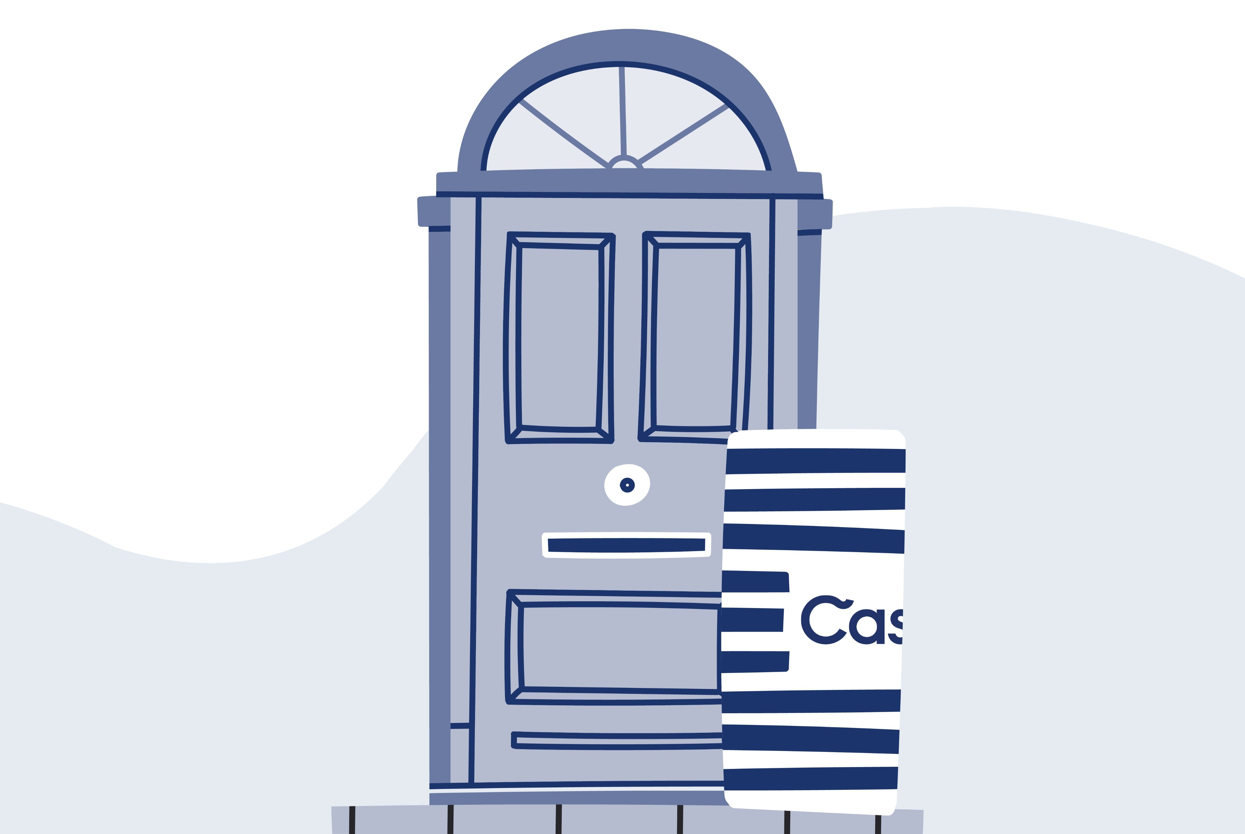 Graphic illustration of a Casper delivery box sitting outside a front door.