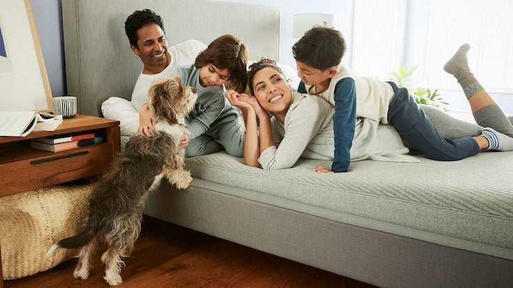 Lifestyle image of a family of four and their dog lying happily on their bed.