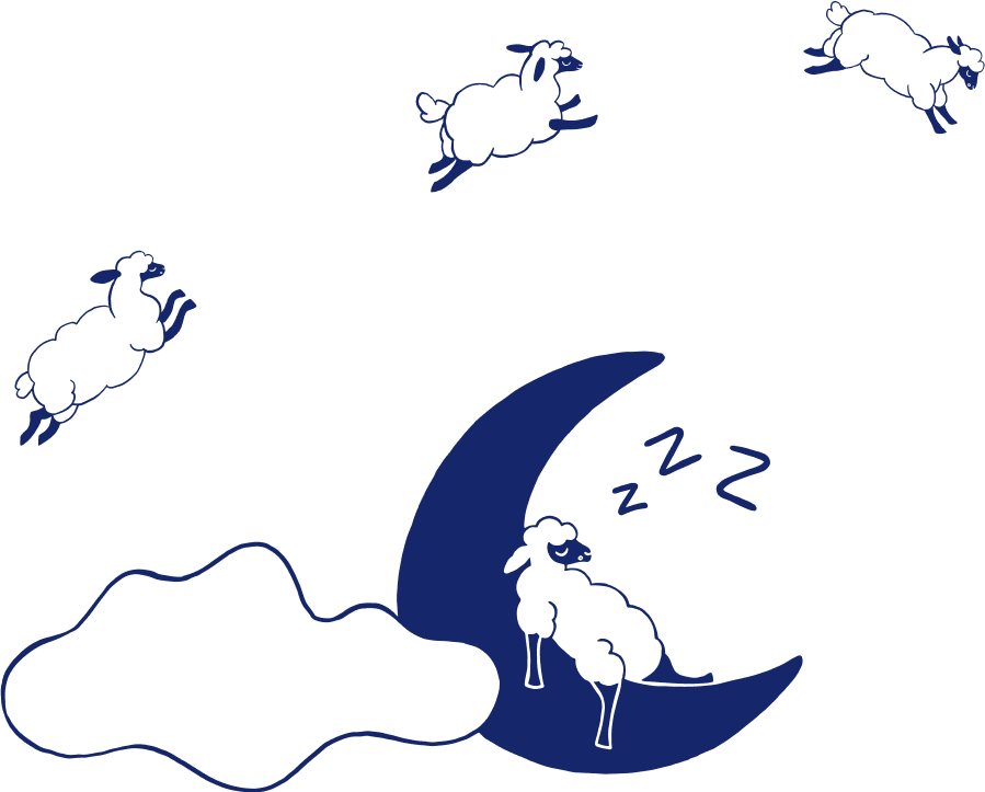 Illustration of a sheep sleeping on a crescent moon with three more sheep jumping in the background.