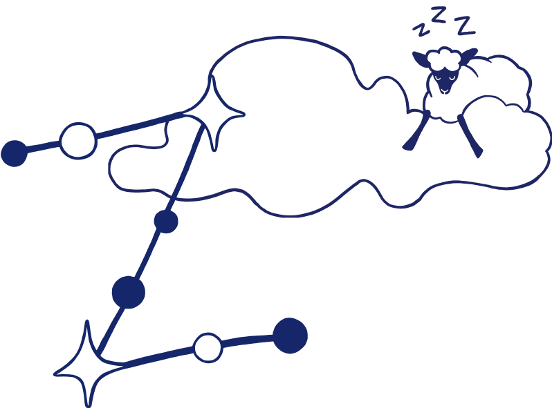 Sleepy sheep dreaming of a star constellation on a white background