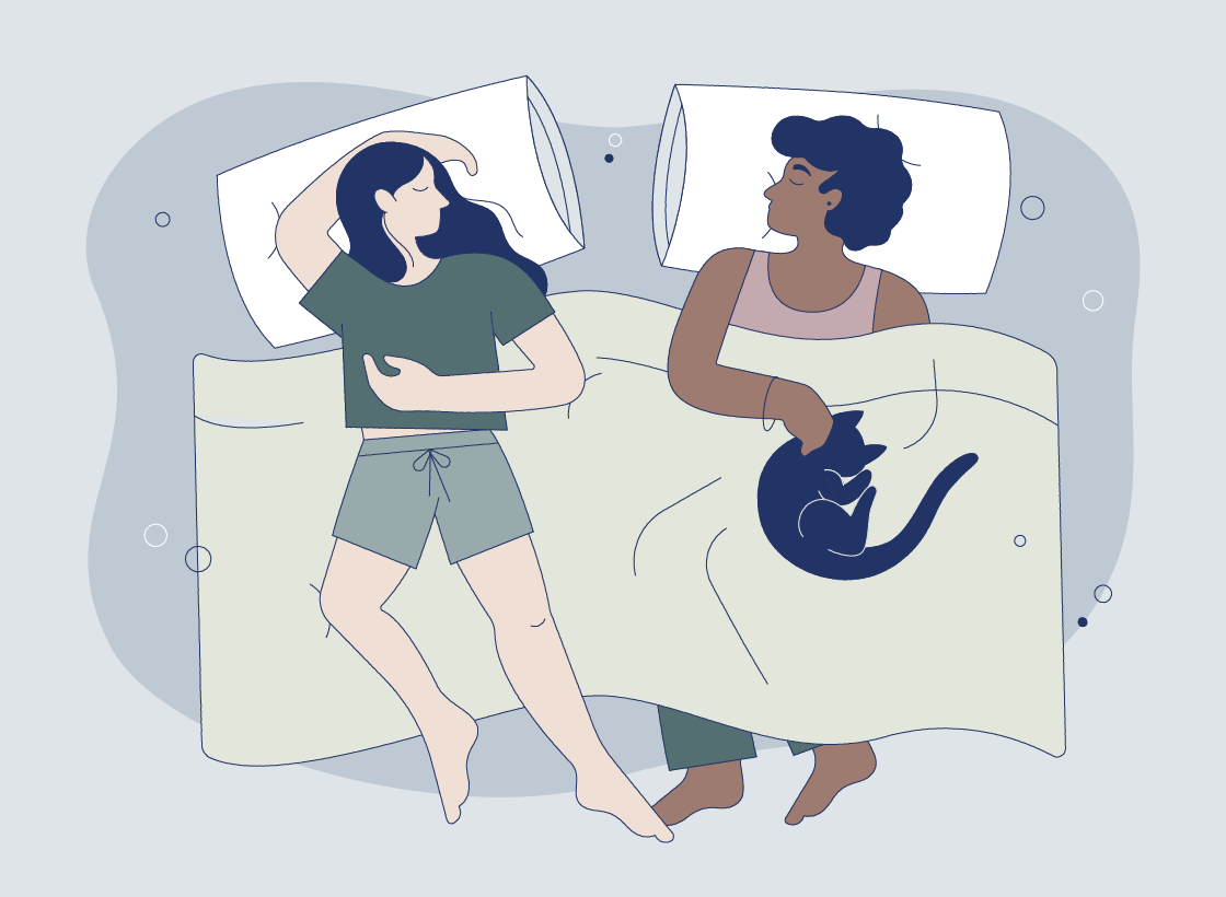 Illustration of man and woman sleeping with blanket and pillows