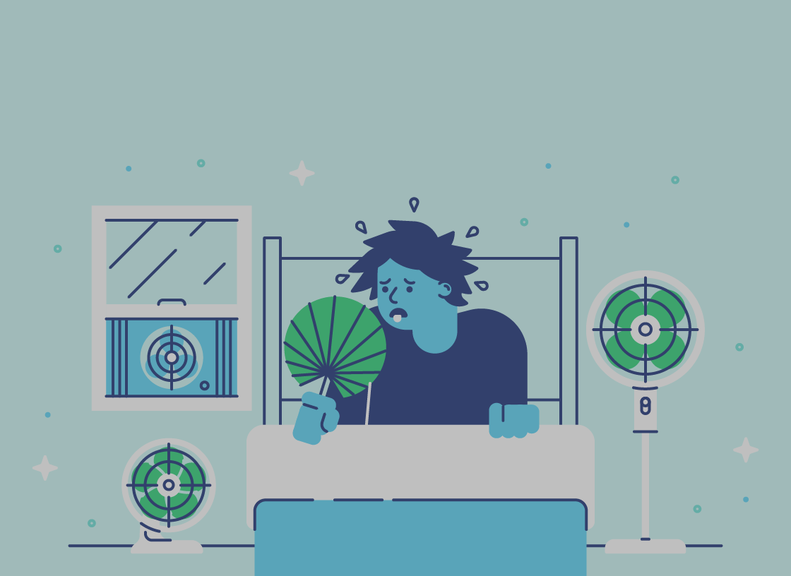 An illustration of a person sweating in bed during a hot night, holding a hand fan and surrounded by multiple electric fans and a window air conditioning unit.