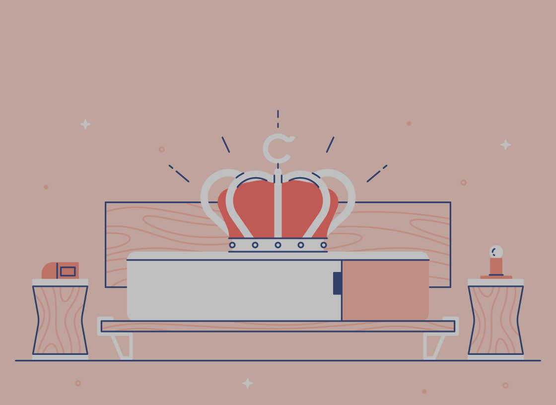 An illustration of a large crown resting on a King or California king mattress with a wooden headboard, flanked by two matching nightstands.