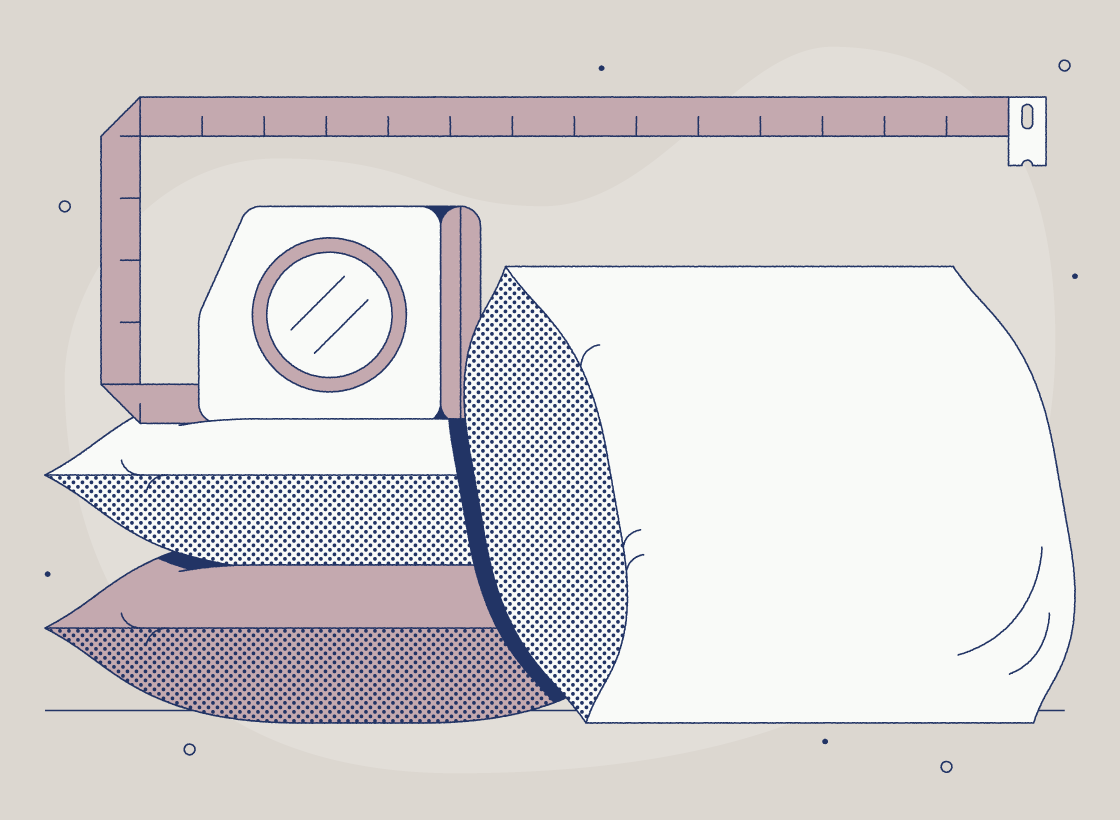 Illustration of stacked bed pillows being measured with a measuring tape.