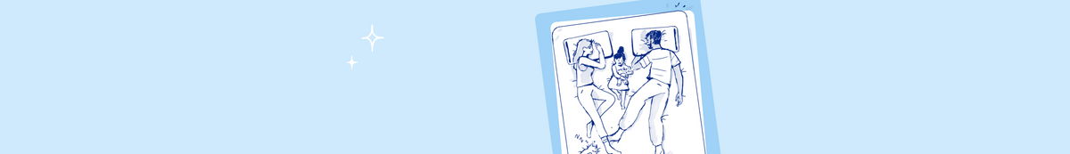 A sketch of a couple lying in bed with a child between them. Light blue background.
