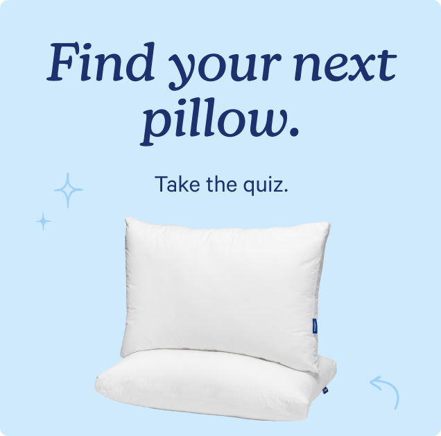 Two pillows, one on top of the other, against a light blue background. Text on the image reads 'Find your next pillow. Take the quiz.'