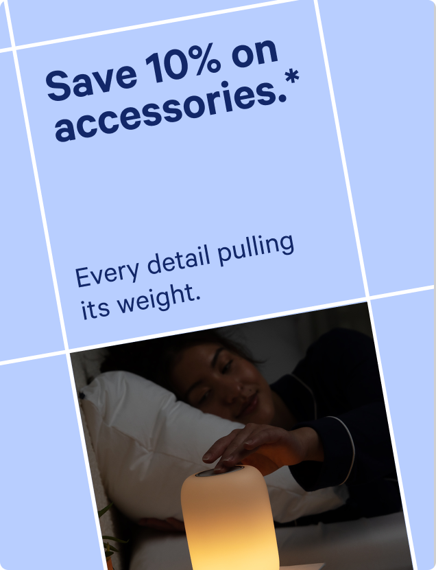 Promotional graphic with a light blue background and text reading 'Save 10% on accessories.' and 'Every detail pulling its weight.'