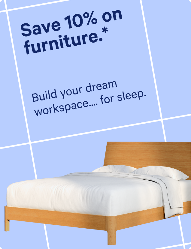 A light brown, wooden bed frame with white bedding and pillows, shown against a light blue promotional background with text reading 'Save 10% on furniture. Build your dream workspace... for sleep.'