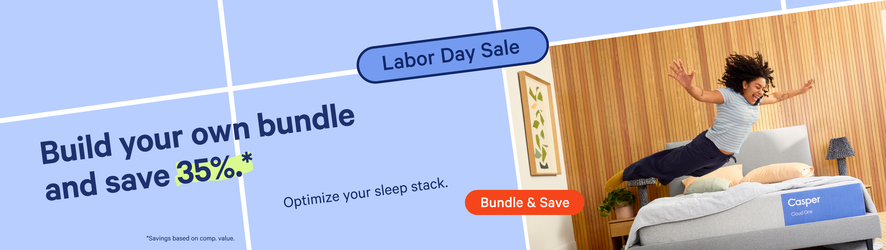 Promotional graphic for Casper bundles. Build your own bundle and save 35%. Optimize your sleep stack. A bright red button says 'Bundle & Save'.