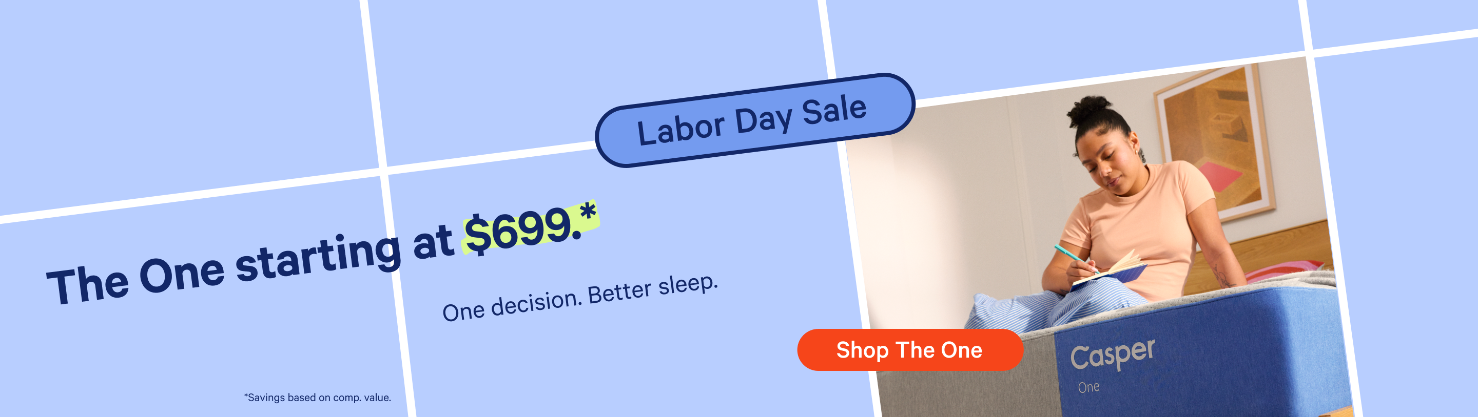 Promotional banner for Casper featuring a woman sitting comfortably on a Casper One mattress alongside text reading 'Labor Day Sale' and 'The One starting at $699. One decision. Better sleep.'